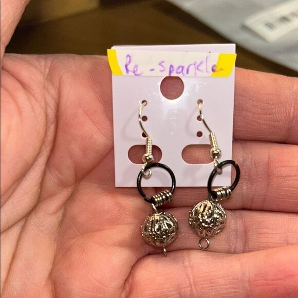 Silver and Black Dangle Earrings - Picture 1 of 3